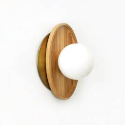 White Oak & Brass With Opal Glass Globe Sconce Flush Mount Light Kitchen Wall Fixture Foyer Bathroom Lamp - thumbnail 4