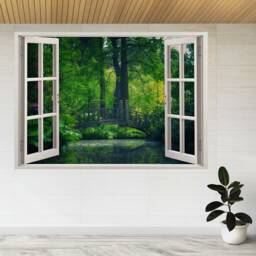 Pond Behind Bridge & Trees 3D Window View Wall Sticker Poster Decal A872
