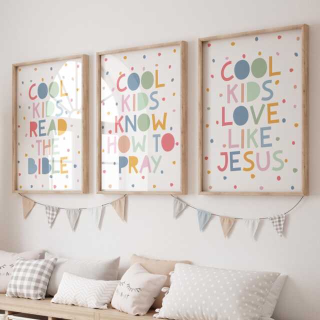 Set Of 3 Colourful Christian Prints Kids, Wall Art, Toddler Sunday School, Playroom, Girls Bedroom Decor, Rainbow - image 1