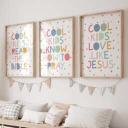 Set Of 3 Colourful Christian Prints Kids, Wall Art, Toddler Sunday School, Playroom, Girls Bedroom Decor, Rainbow - thumbnail 1
