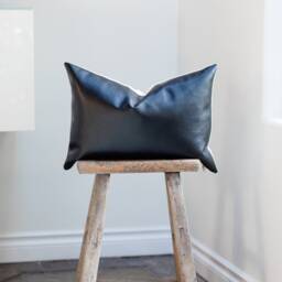 Black Vegan Leather Pillow Cover - Lumbar Cushion, Hand Sewn - thumbnail 2