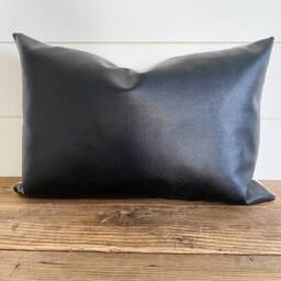 Black Vegan Leather Pillow Cover - Lumbar Cushion, Hand Sewn - thumbnail 3