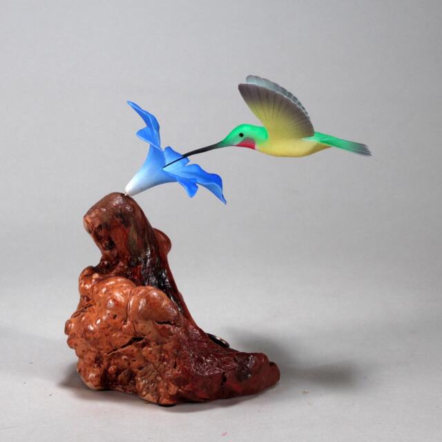 Hummingbird Ruby Throat Sculpture By John Perry 8 Inch Tall Blue Flower Burlwood Base - image 1