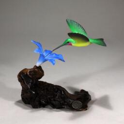 Hummingbird Ruby Throat Sculpture By John Perry 8 Inch Tall Blue Flower Burlwood Base - thumbnail 4