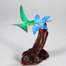 Hummingbird Ruby Throat Sculpture By John Perry 8 Inch Tall Blue Flower Burlwood Base - thumbnail 2
