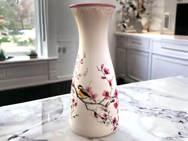 Glass Vase, Bird & Blossom, Blossom Pink Decor, Pretty Vases, Unique Gifts, Gift For Mum - image 1