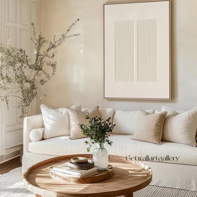 3D Texutred Pure Beige Art White Textured Wall Canvas Painting Minimalist - image 1