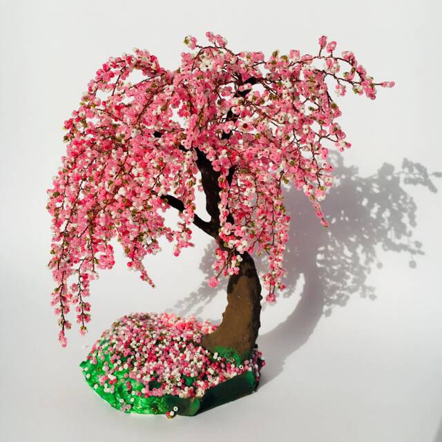 Cherry Blossom Bonsai Tree Office Decor Wire Sculpture Japanese Sakura Beaded - image 1