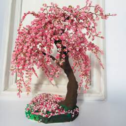 Cherry Blossom Bonsai Tree Office Decor Wire Sculpture Japanese Sakura Beaded - thumbnail 3