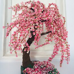 Cherry Blossom Bonsai Tree Office Decor Wire Sculpture Japanese Sakura Beaded - thumbnail 2