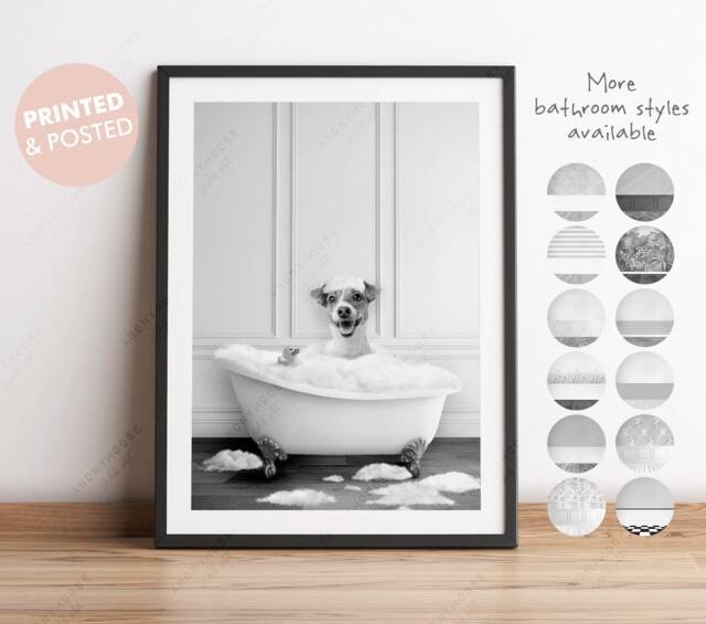 Black & White Jack Russell Terrier Dog in A Bath Print, Bathing, Funny Bathroom Animal Bathtub, Tub, Whimsy - image 1