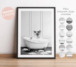 Black & White Jack Russell Terrier Dog in A Bath Print, Bathing, Funny Bathroom Animal Bathtub, Tub, Whimsy - thumbnail 1