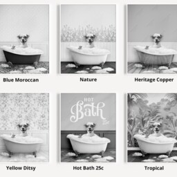 Black & White Jack Russell Terrier Dog in A Bath Print, Bathing, Funny Bathroom Animal Bathtub, Tub, Whimsy - thumbnail 3