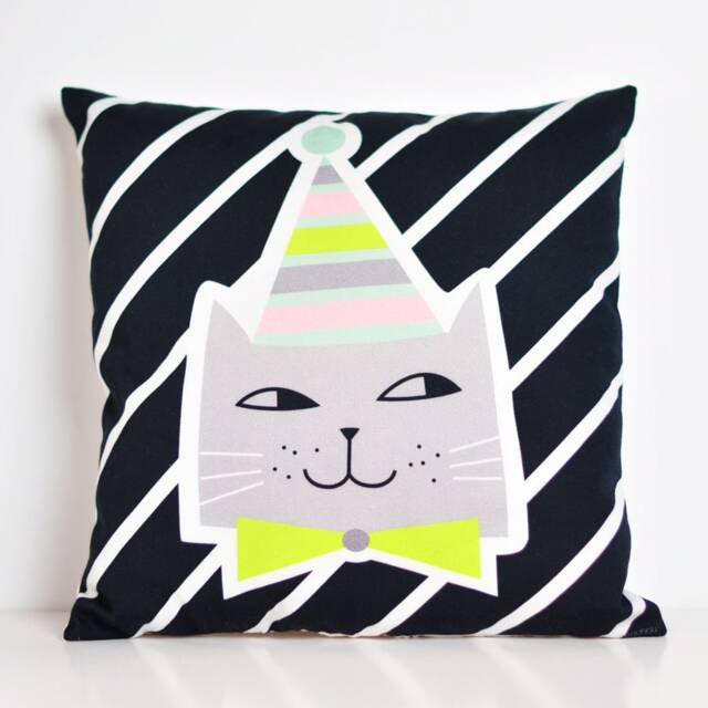 Decorative Throw Pillow For Kids Room With Cat in Black & White Stripes, By Pinknounou - image 1