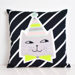 Decorative Throw Pillow For Kids Room With Cat in Black & White Stripes, By Pinknounou - thumbnail 1