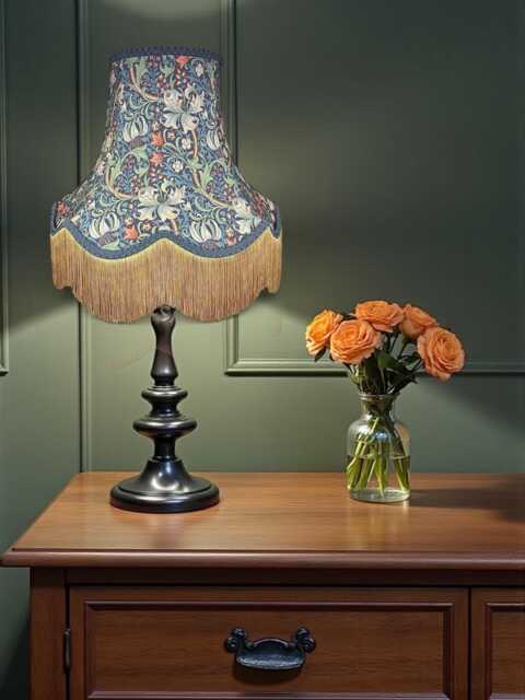 William Morris Golden Lily Jewel Fabric Scalloped Lampshade Handmade, Blue Braid & Gold Fringe - image 1
