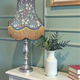William Morris Golden Lily Jewel Fabric Scalloped Lampshade Handmade, Blue Braid & Gold Fringe - thumbnail 3