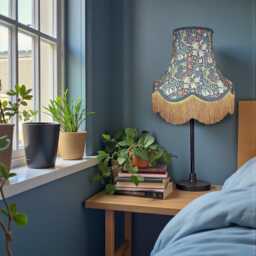 William Morris Golden Lily Jewel Fabric Scalloped Lampshade Handmade, Blue Braid & Gold Fringe - thumbnail 2