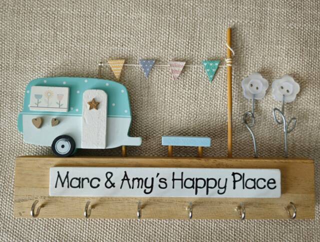 Personalised Wooden Key Holder, Caravan & Bunting Cute Storage. Family Gift, Birthday Present. Camper Van Camping Gift - image 1