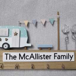 Personalised Wooden Key Holder, Caravan & Bunting Cute Storage. Family Gift, Birthday Present. Camper Van Camping Gift - thumbnail 3