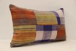 Vintage Turkish Kilim Lumbar Pillow Cover, Boho Patchwork Wool Cushion - 12x20 In