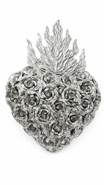 Handmade Silver Tin Sacred Heart Wall Art - Roses, San Miguel De Allende Folk Decor - image 1
