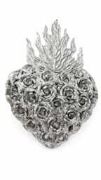 Handmade Silver Tin Sacred Heart Wall Art - Roses, San Miguel De Allende Folk Decor - thumbnail 1