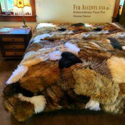 Patchwork Faux Fur Bedspread - Golden Brown Wolf Pelt, Minky Lining