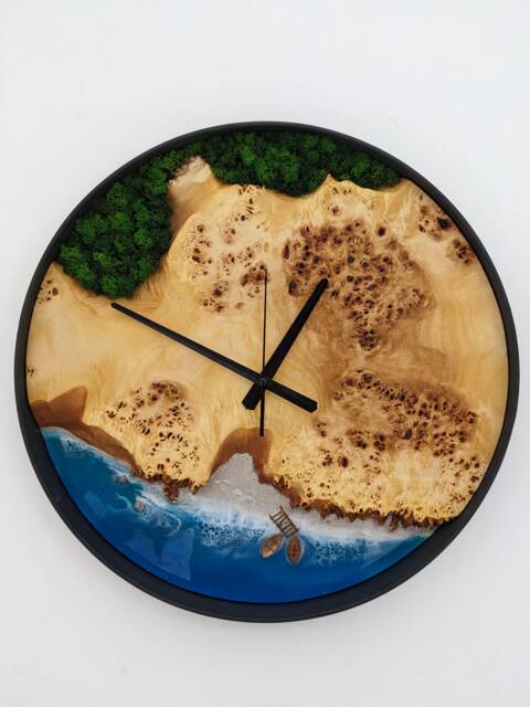 Wooden Wall Clock With Moss, Green Moss Scandinavian Home Decor, Resin Wood Art - image 1