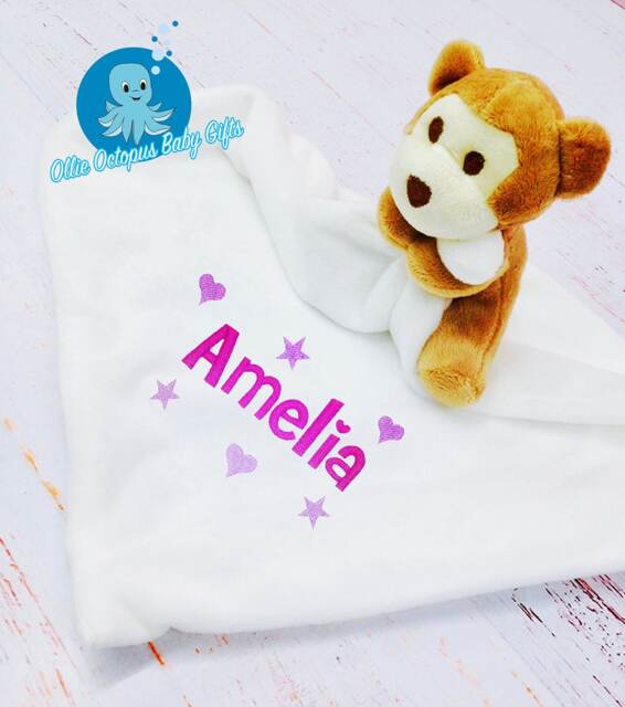 Personalized Baby Comforter Blanket, Embroidered Name, Cheeky Monkey Snuggle Toy - image 1