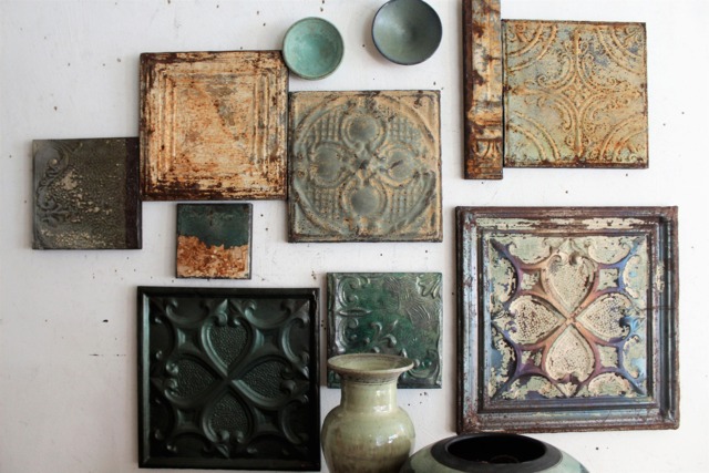 Antique Ceiling Tin Tile 7Piece Grouping Soft Mint Greens Old White Paint 4 Leaf Clover Boho Texture Salvage Garden Patio Wall Hanging Decor - image 1