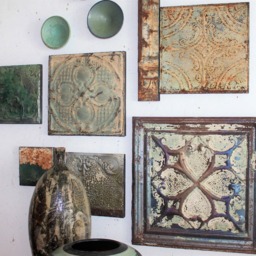 Antique Ceiling Tin Tile 7Piece Grouping Soft Mint Greens Old White Paint 4 Leaf Clover Boho Texture Salvage Garden Patio Wall Hanging Decor - thumbnail 2