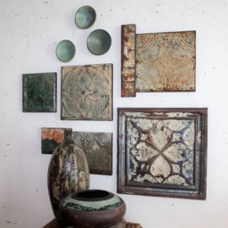Antique Ceiling Tin Tile 7Piece Grouping Soft Mint Greens Old White Paint 4 Leaf Clover Boho Texture Salvage Garden Patio Wall Hanging Decor - thumbnail 3
