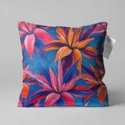 Floral Chenille Cushion Cover, Pink & Orange Flowers On Blue - thumbnail 1