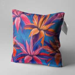 Floral Chenille Cushion Cover, Pink & Orange Flowers On Blue - thumbnail 3