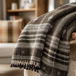 Warm Brown Indian Wool Throw Blanket, Handwoven Sofa Coverlet With Lodge Bedroom Layer - Bronzite - thumbnail 4