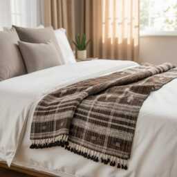 Warm Brown Indian Wool Throw Blanket, Handwoven Sofa Coverlet & Cozy Bedspread - Bronzite - thumbnail 3