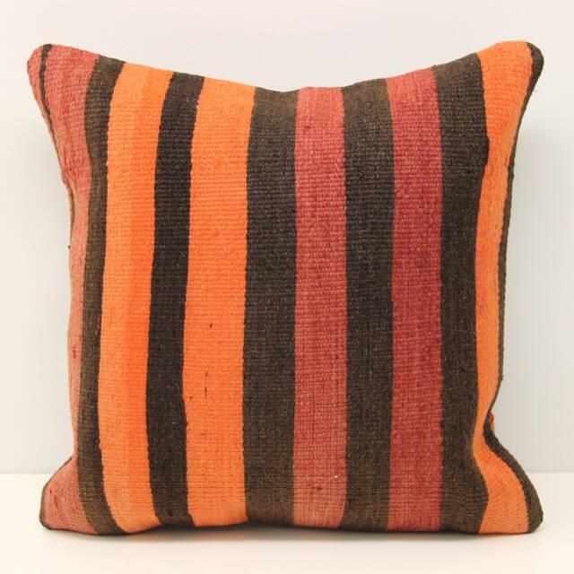 Vintage Kilim Pillow Cover, 16x16 Orange Striped Wool Cushion - image 1