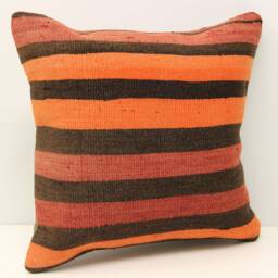 Vintage Kilim Pillow Cover, 16x16 Orange Striped Wool Cushion - thumbnail 2