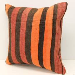 Vintage Kilim Pillow Cover, 16x16 Orange Striped Wool Cushion - thumbnail 3