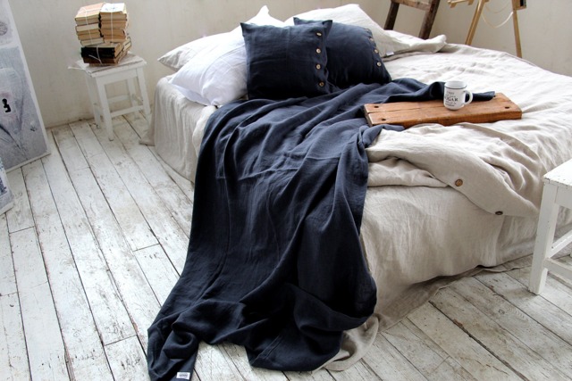 Linen Throw Set, Charcoal Blue Blanket & Two Pillow Cover - image 1