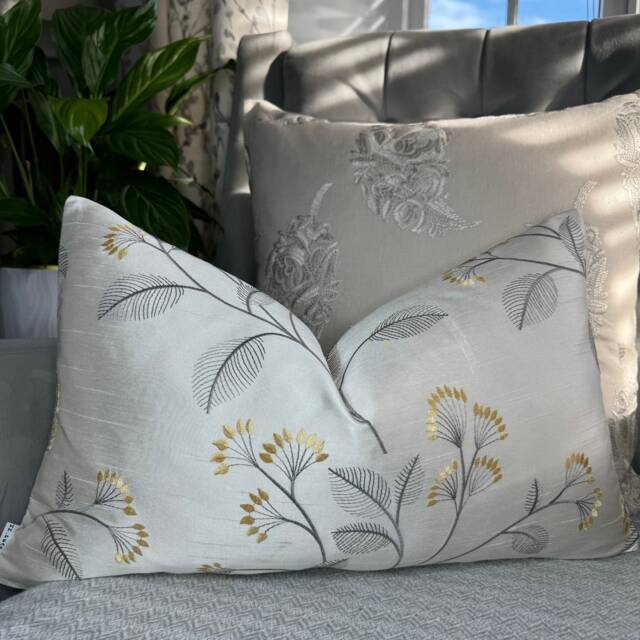 "Grace Cushion Cover , Ivory Yellow Pillow - Embroidered Floral Design, John Lewis Fabric, Double Sided Size 12"" X 20" - image 1
