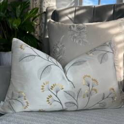 "Grace Cushion Cover , Ivory Yellow Pillow - Embroidered Floral Design, John Lewis Fabric, Double Sided Size 12"" X 20" - thumbnail 1