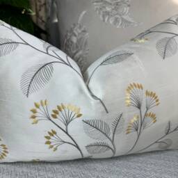 "Grace Cushion Cover , Ivory Yellow Pillow - Embroidered Floral Design, John Lewis Fabric, Double Sided Size 12"" X 20" - thumbnail 2