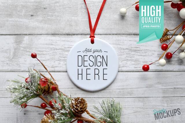 Round Porcelain Christmas Ornament, Mockup - Add Your Own Image Template - High Quality Digital Download - image 1