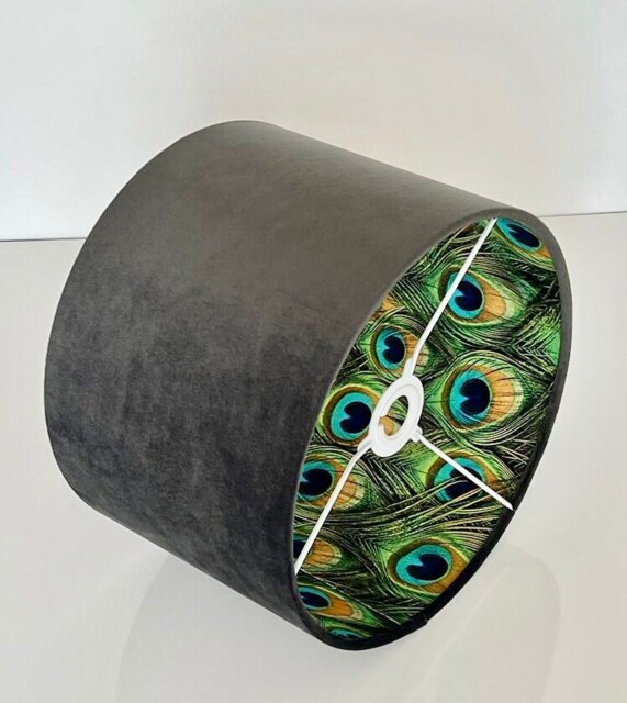New Luxury Hq Double Sided Charcoal Grey/Dark Velvet & Peacock Feathers Combination Lamp Shade Pendant Light - image 1