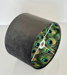 New Luxury Hq Double Sided Charcoal Grey/Dark Velvet & Peacock Feathers Combination Lamp Shade Pendant Light - thumbnail 1
