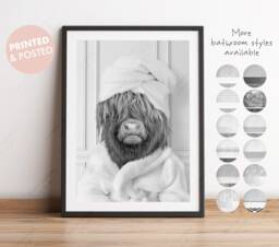 Black & White Highland Cow in A Bathrobe Print, Bathing, Funny Bathroom Animal Towel On Head, Bath Robe - thumbnail 1