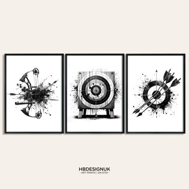 Archery Print Set - Of 3 Prints - Watercolour Painting Posters For Kids Archer Wall Art Gift Ideas Black Decor - image 1