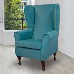 Handmade Peacock Teal Wingback Chair Wool Style High Back Armchair - thumbnail 1